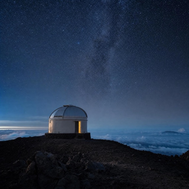 AI-generated: A circular observatory on a volcanic ridge under a star-filled sky