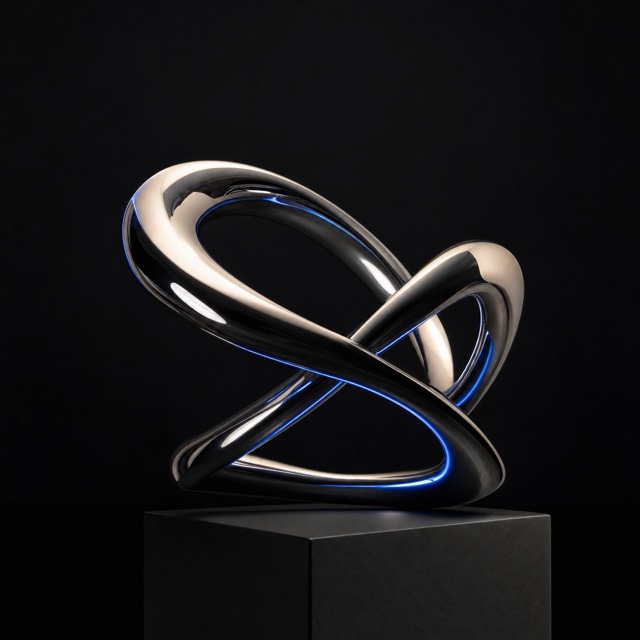 AI-generated: A chrome sculpture with cobalt reflections on a charcoal plinth