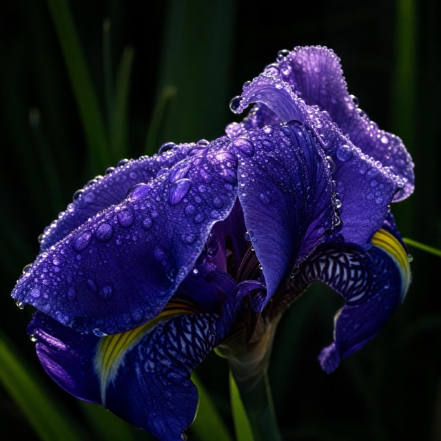AI-generated: Dew on the violet petals of an iris in a dark garden