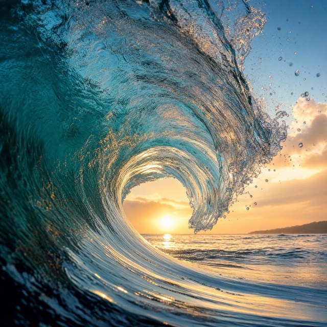 AI-generated: Sunrise seen through a translucent turquoise ocean wave