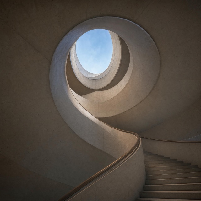 AI-generated: A sculptural spiral staircase in a concrete atrium