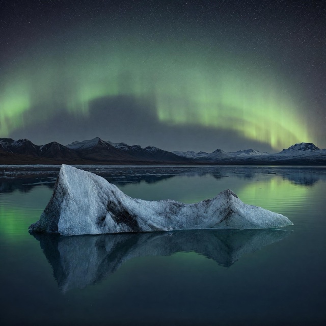 AI-generated: Green aurora reflected in an Icelandic lagoon beside an iceberg