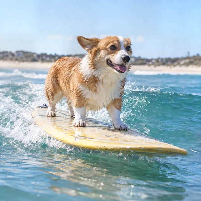 AI-generated: A wet corgi balancing on a surfboard over a small turquoise wave.
