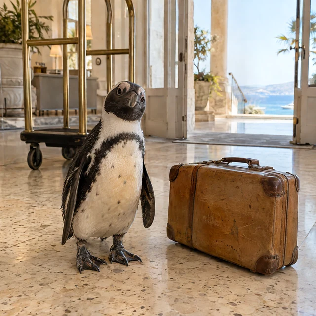 AI-generated: A penguin beside a small suitcase in a sunlit seaside hotel entrance.
