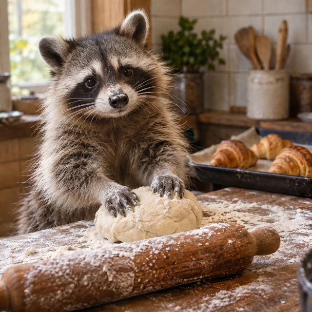 AI-generated: A flour-dusted raccoon caught with its paws on dough in a sunlit bakery.