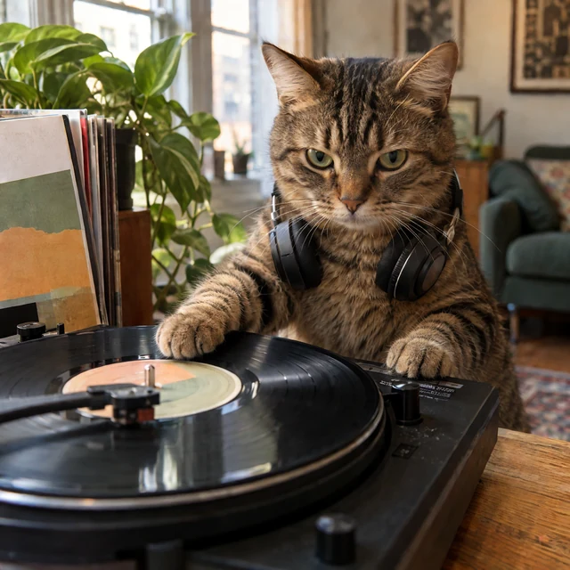AI-generated: A tabby cat resting its paws on a turntable in a bright record-filled room.